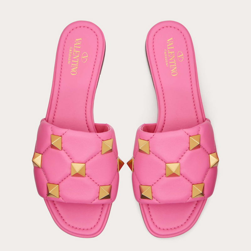 Valentino Leather Roman Stud Flat Slides Size Pink