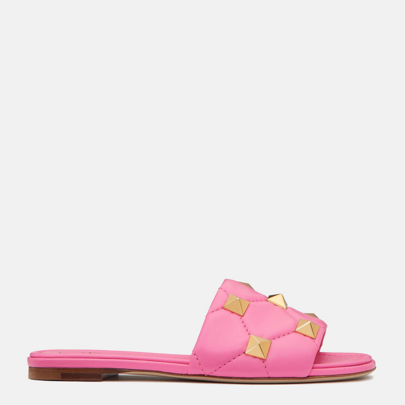 Valentino Leather Roman Stud Flat Slides Size Pink