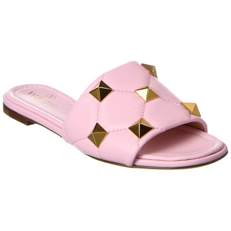 Valentino Leather Roman Stud Flat Slides Size Light Pink