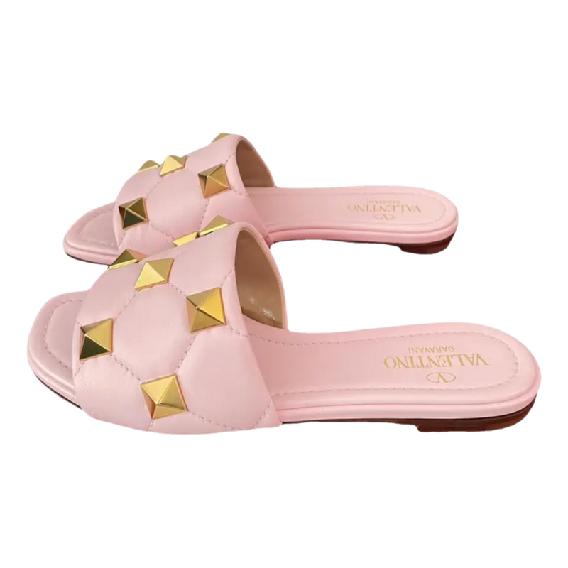 Valentino Leather Roman Stud Flat Slides Size Light Pink