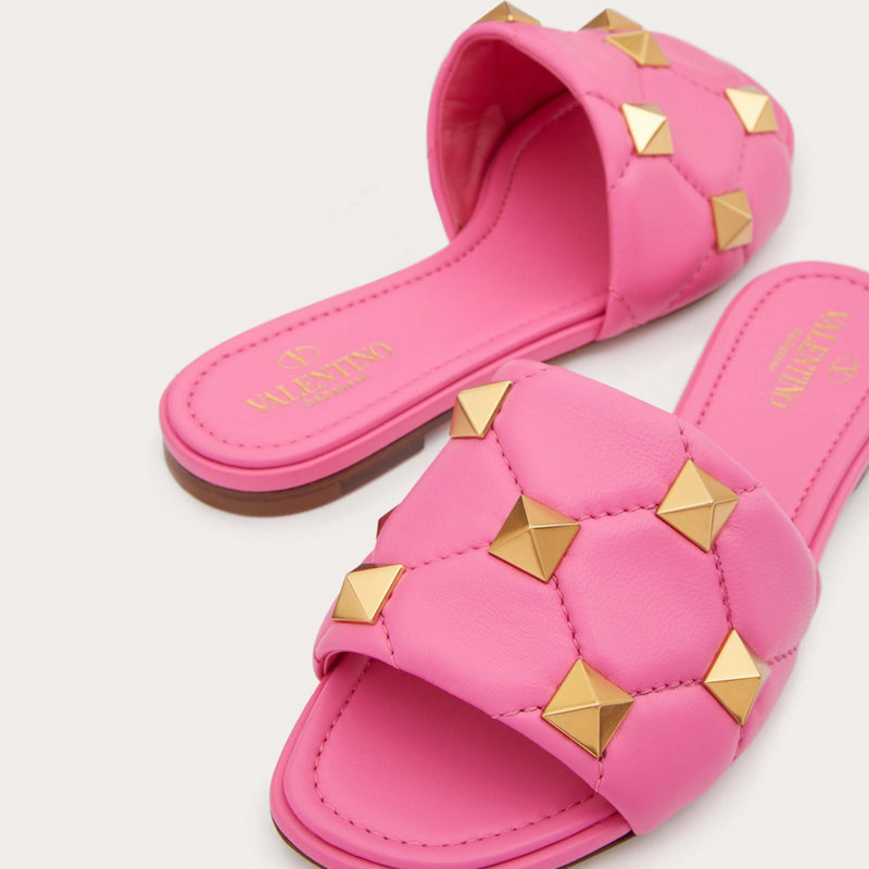 Valentino Leather Roman Stud Flat Slides Size Pink