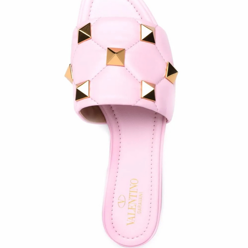 Valentino Leather Roman Stud Flat Slides Size Light Pink